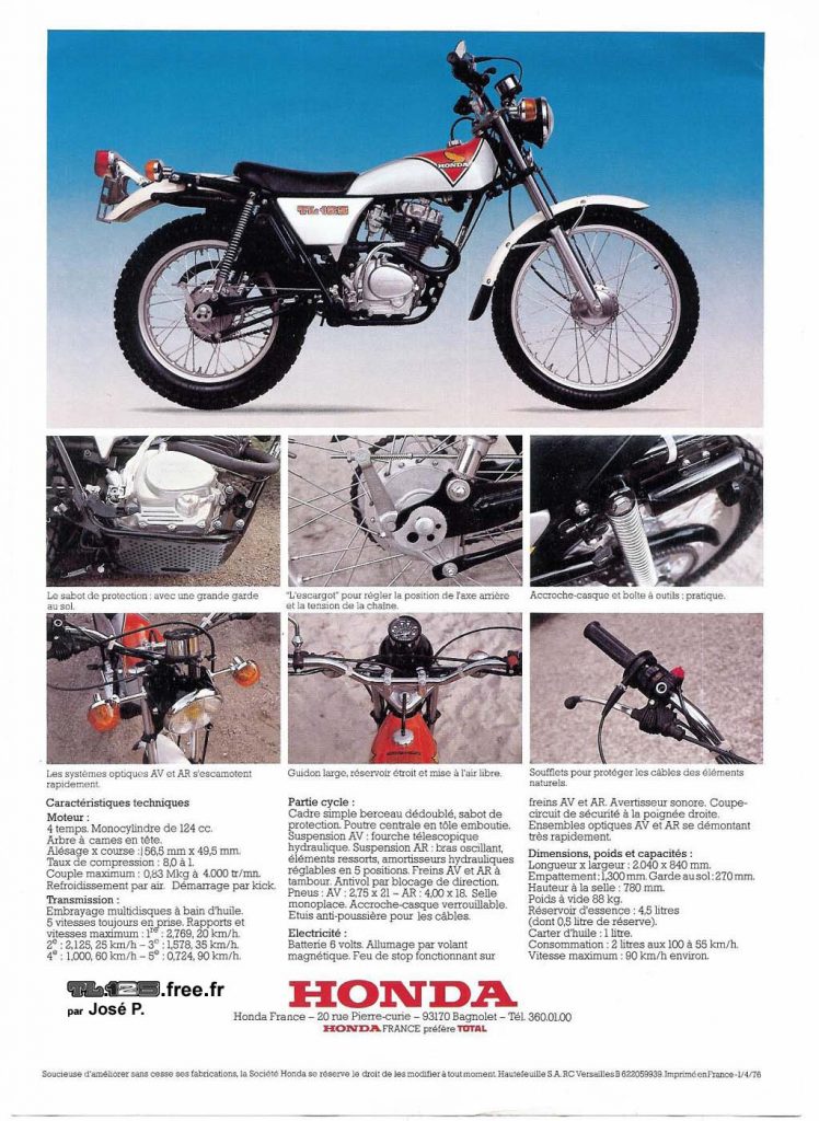 $9.00 Reprint 1973 Honda TL-125 K1 Trials  motorcycle sales brochure